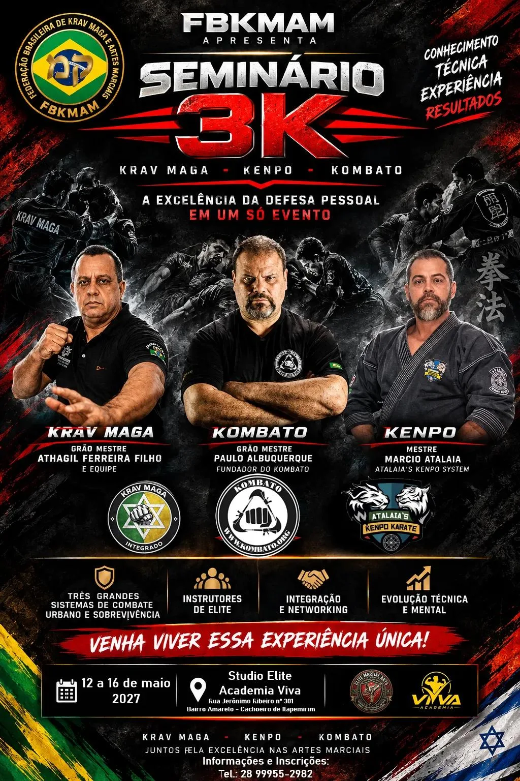 Seminário 3K — Krav Maga, Kenpo e Kombato, de 12 a 16 de maio de 2027 no Studio Elite