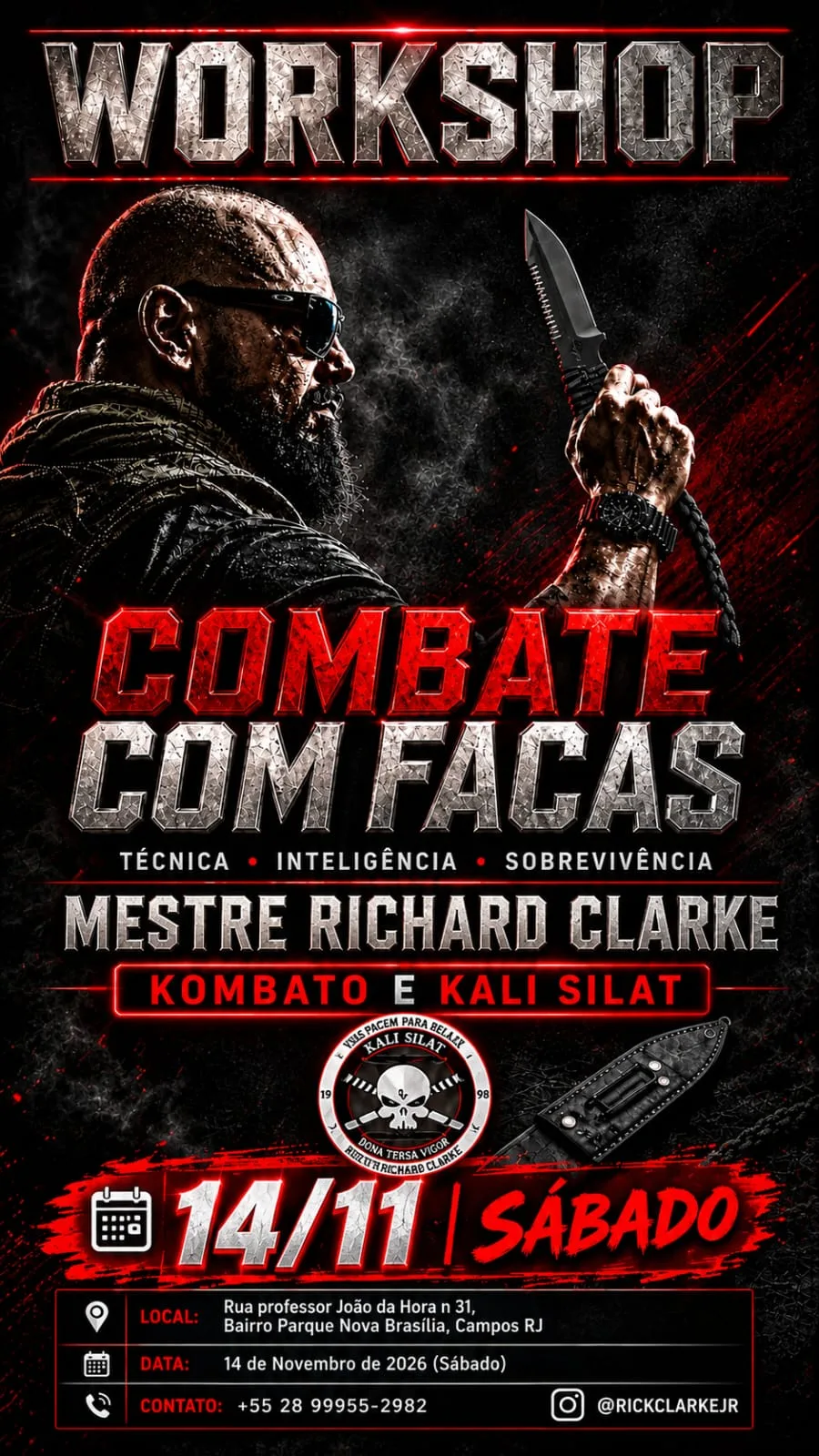 Workshop Combate com Facas com Mestre Richard Clarke, Kombato e Kali Silat, sábado 14 de novembro de 2026