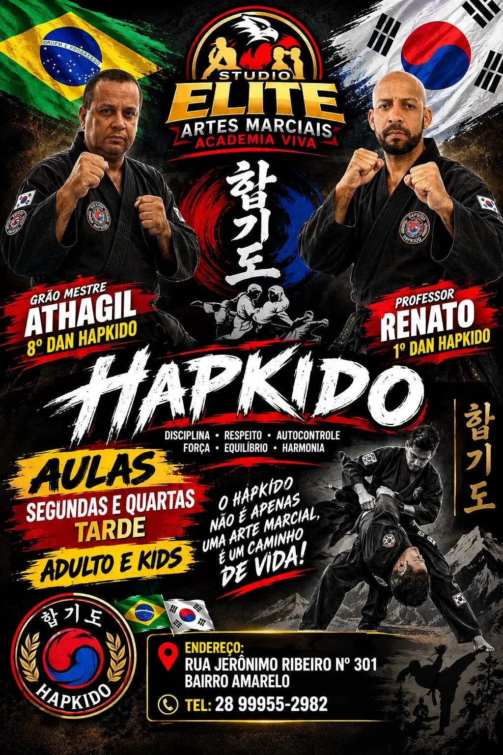 Aulas de Hapkido com Grão Mestre Athagil e Professor Renato, segundas e quartas à tarde, adulto e kids