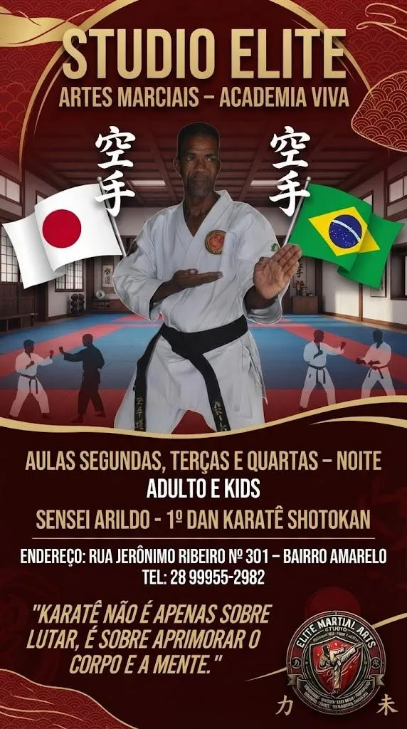 Aulas de Karatê Shotokan com Sensei Arildo, segundas, terças e quartas à noite, adulto e kids