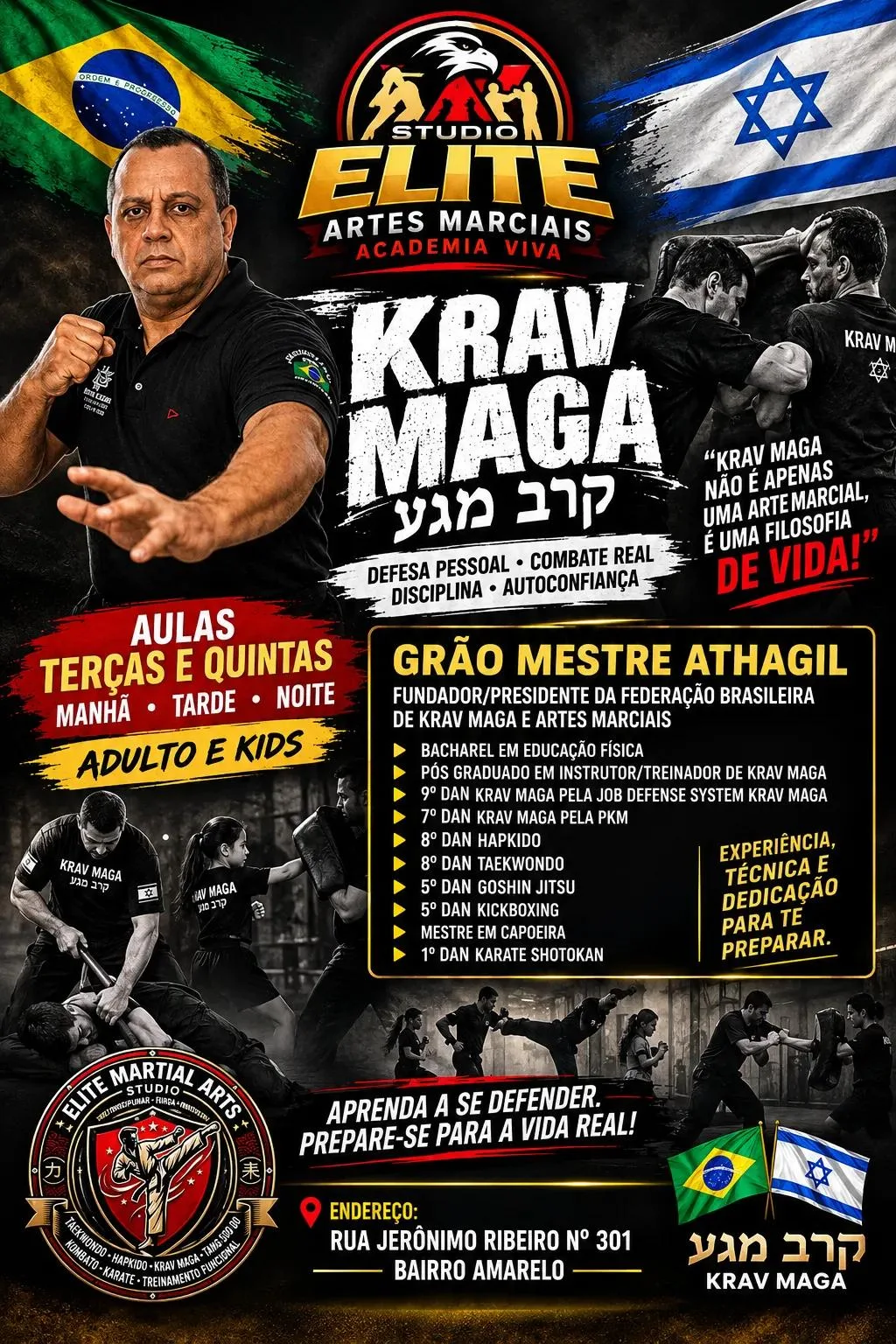 Aulas de Krav Maga com Grão Mestre Athagil, terças e quintas, manhã, tarde e noite, adulto e kids