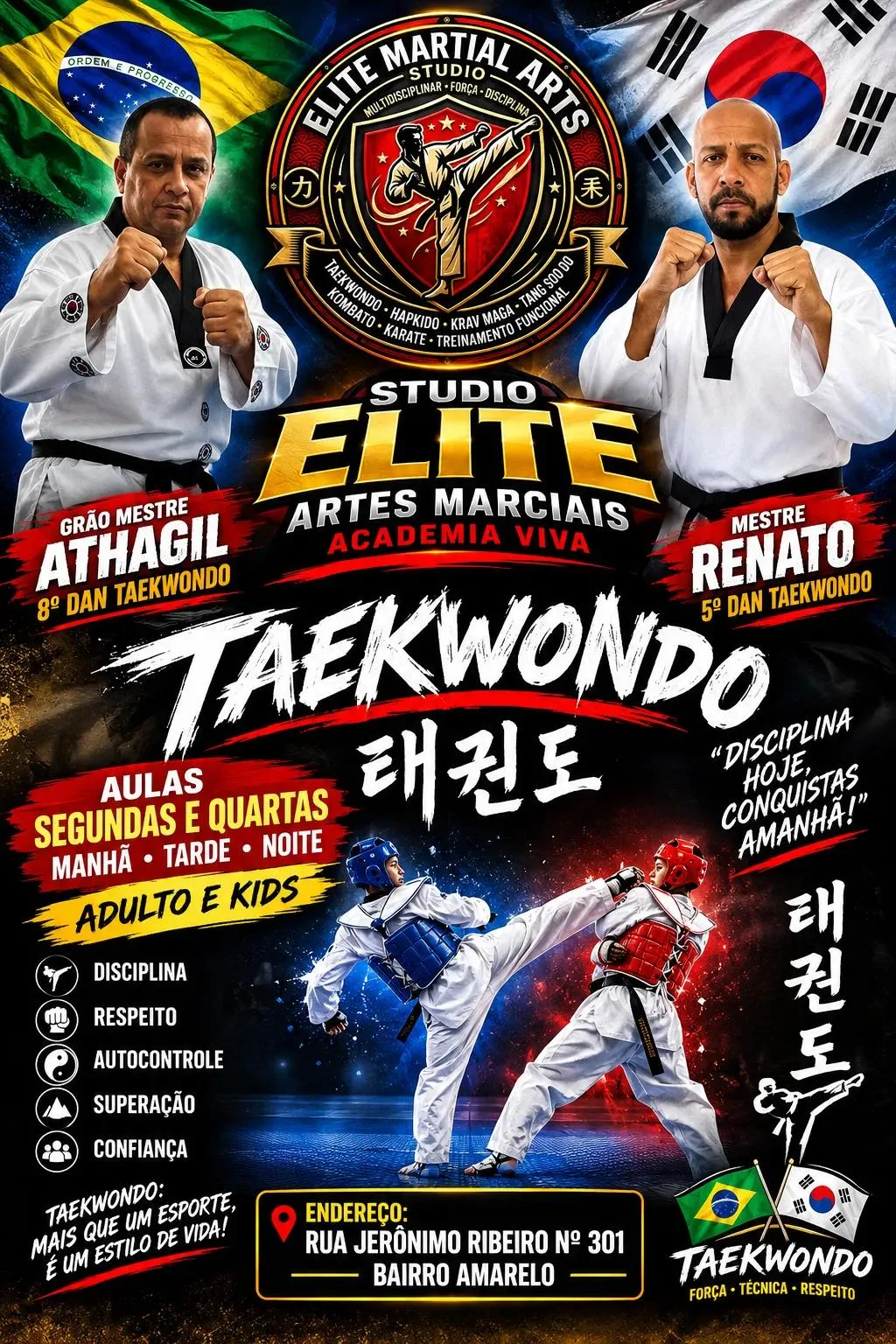 Aulas de Taekwondo com Grão Mestre Athagil e Mestre Renato, segundas e quartas, manhã, tarde e noite, adulto e kids